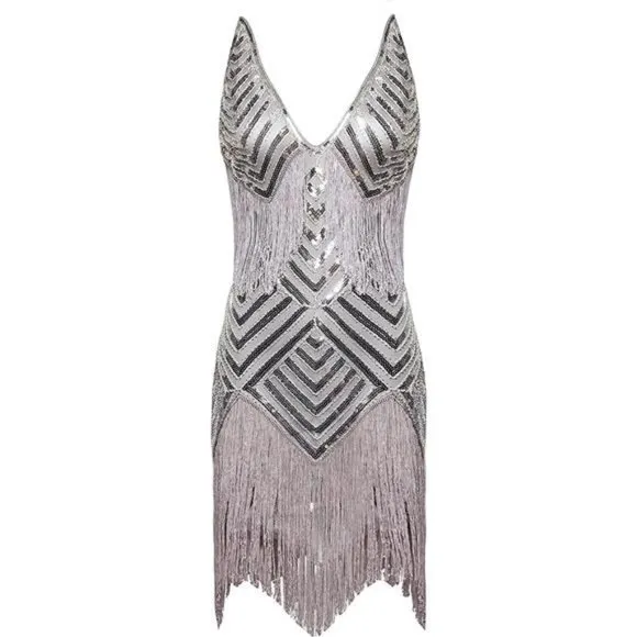 WOMEN'S 1920s Flapper Dress V Neck Slip Dress Light Gray