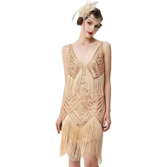 WOMEN'S 1920s Flapper Dress V Neck Slip Dress Rose Gold