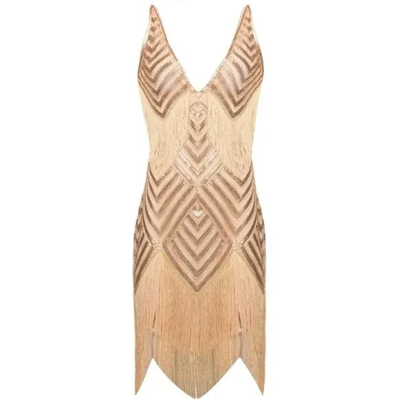 WOMEN'S 1920s Flapper Dress V Neck Slip Dress Rose Gold