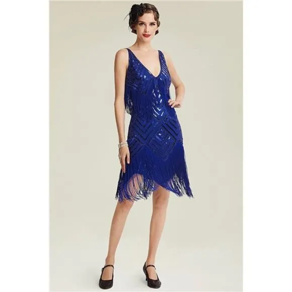 WOMEN'S 1920s Flapper Dress V Neck Slip Dress Royal Blue