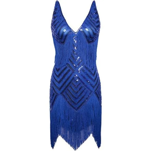 WOMEN'S 1920s Flapper Dress V Neck Slip Dress Royal Blue