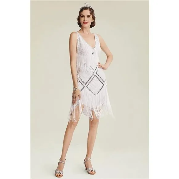 𝅺WOMEN'S 1920s Flapper Dress V Neck Slip Dress White