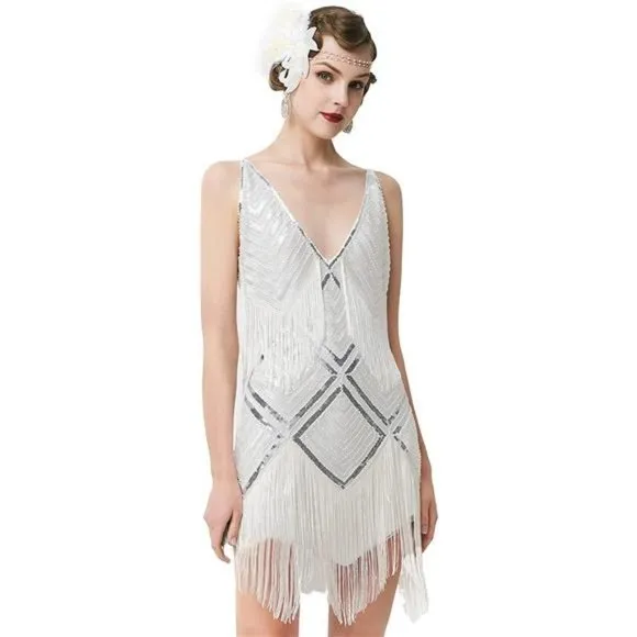 𝅺WOMEN'S 1920s Flapper Dress V Neck Slip Dress White