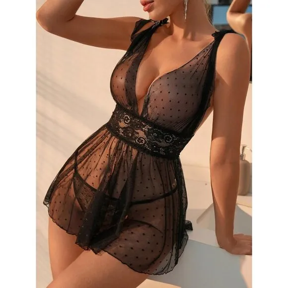 Women's 2 Piece Polka Dots Lace Sheer Mesh V Neck Babydoll Teddy Lingerie Set