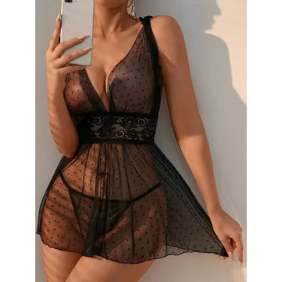 Women's 2 Piece Polka Dots Lace Sheer Mesh V Neck Babydoll Teddy Lingerie Set