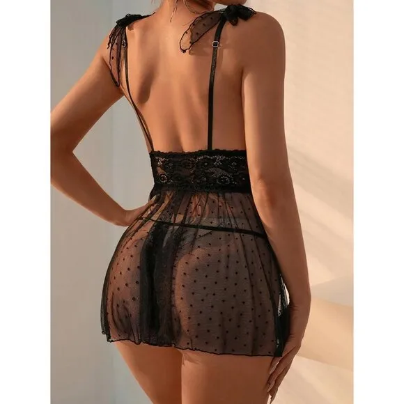 Women's 2 Piece Polka Dots Lace Sheer Mesh V Neck Babydoll Teddy Lingerie Set