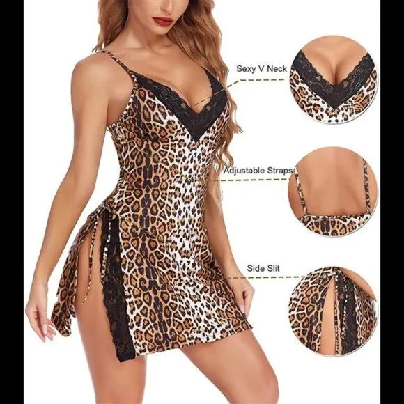 Womens Babydoll Lingerie Chemise Nightgown Silk Sleepwear with Thong
