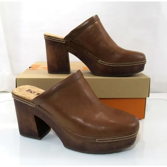 Women's Korks Lori Platform Block Heel Clog Mule Comfort Tan / Brown Size 9