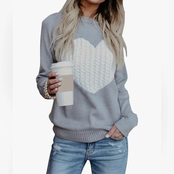 Women's Pullover Sweaters Long Sleeve Crew Neck Cute Heart Knitted