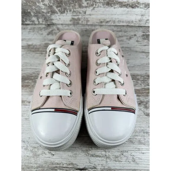 Women's Vintage Tommy Hilfiger Pink Canvas Platform Slip-On Mules Sz 7.5M