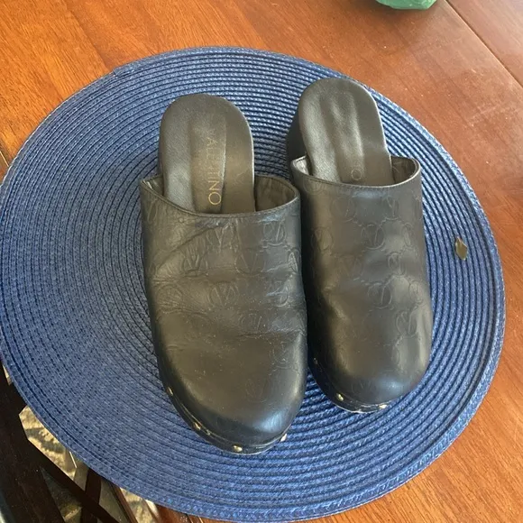 Worn Twice- Valentino/Mario Valentino Embossed Black Leather Clogs-SZ 8