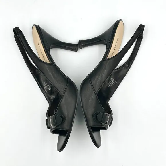 Worthington Black Vintage Y2K 2000s Slingback Open-toe Buckle Heels