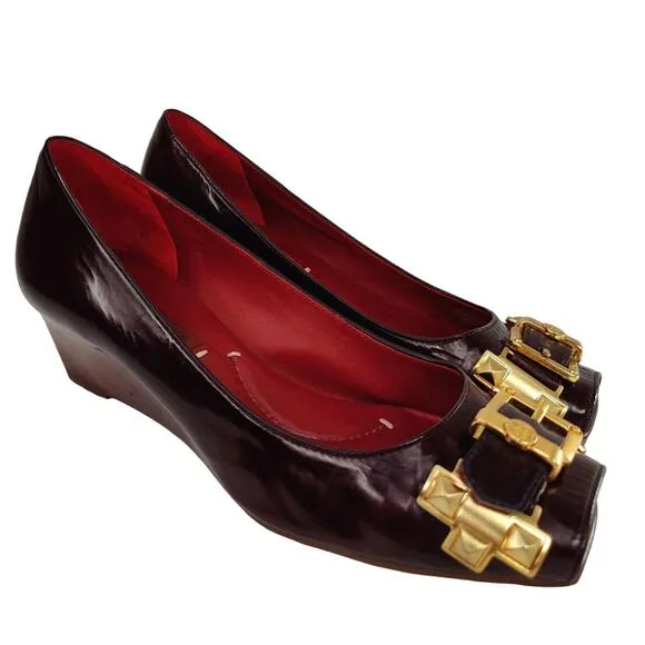 y2k Burgundy Studded Peep toe Wedges by BCBG Maxazeria