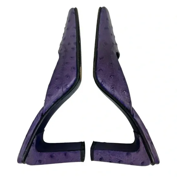 Y2K Hype Chunky Heel Mules Square Toe Leather Clogs Size 6 M Purple Ostrich Dots