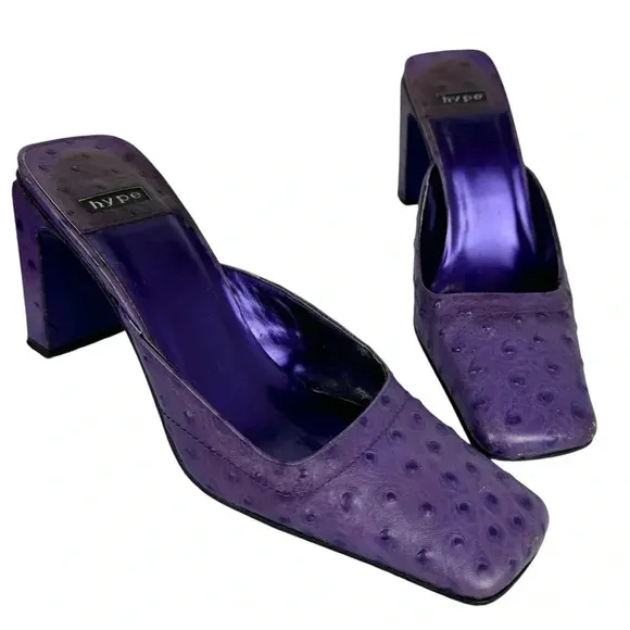 Y2K Hype Chunky Heel Mules Square Toe Leather Clogs Size 6 M Purple Ostrich Dots
