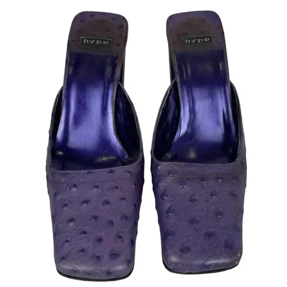 Y2K Hype Chunky Heel Mules Square Toe Leather Clogs Size 6 M Purple Ostrich Dots