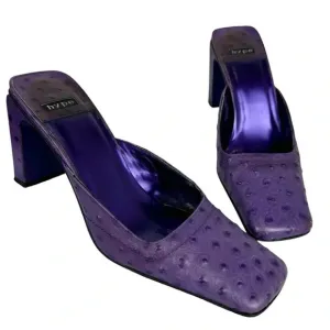 Y2K Hype Chunky Heel Mules Square Toe Leather Clogs Size 6 M Purple Ostrich Dots