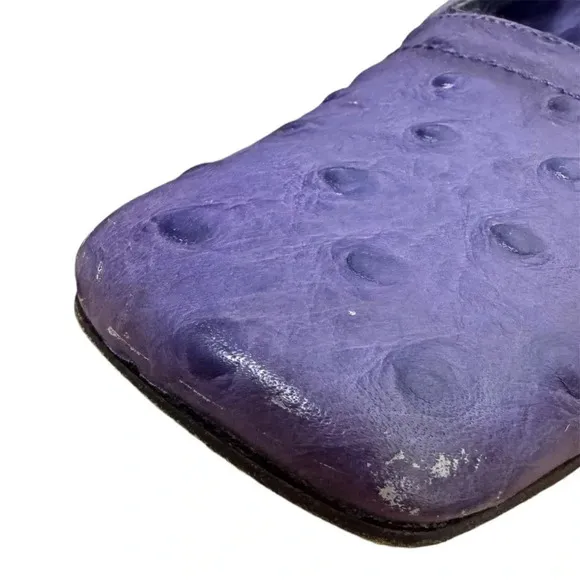 Y2K Hype Chunky Heel Mules Square Toe Leather Clogs Size 6 M Purple Ostrich Dots