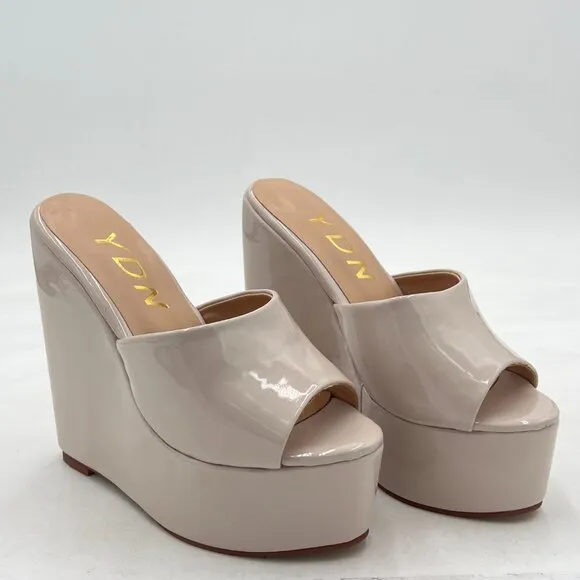 YDN Grey High Heels Platform Mules Peep Toe Clogs Slip on Wedge Sandals Shoes