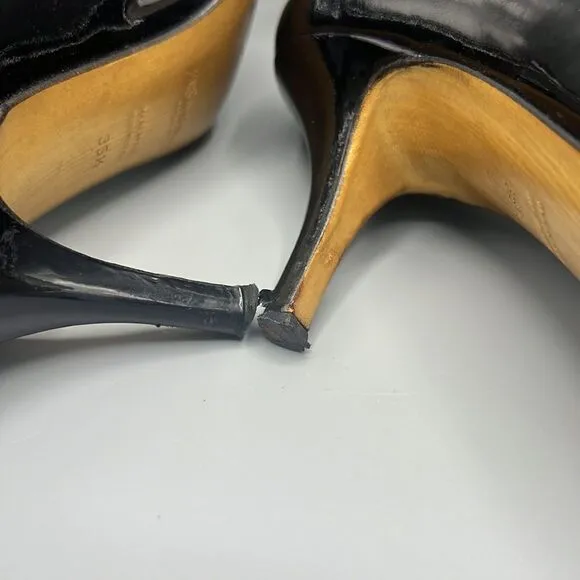 YSL Yves Saint Laurent Black Patent Leather Open Toe Heels Pumps