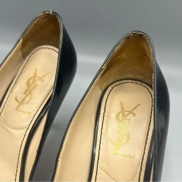 YSL Yves Saint Laurent Black Patent Leather Open Toe Heels Pumps