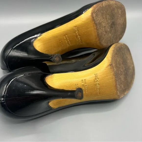 YSL Yves Saint Laurent Black Patent Leather Open Toe Heels Pumps