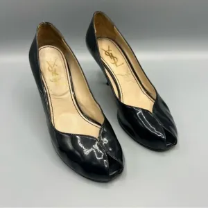 YSL Yves Saint Laurent Black Patent Leather Open Toe Heels Pumps
