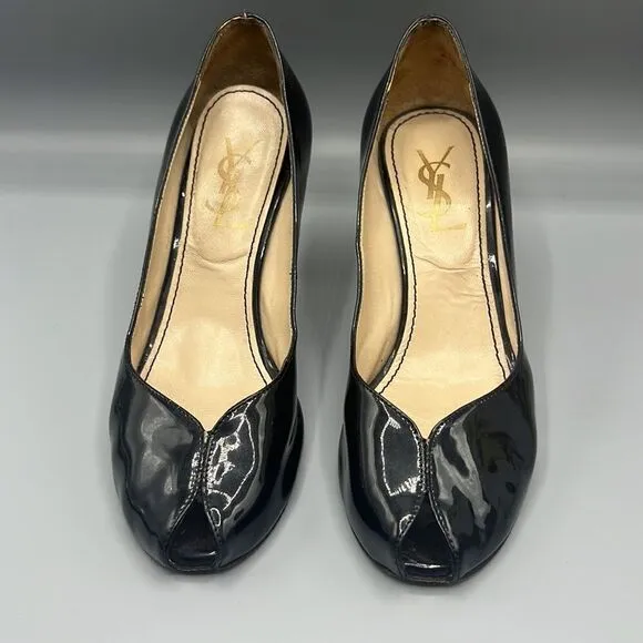 YSL Yves Saint Laurent Black Patent Leather Open Toe Heels Pumps