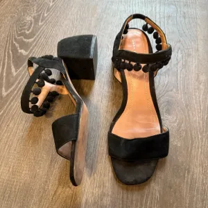 Zara Black Block Heel Sandals with Fringe Ankle Strap Size 38