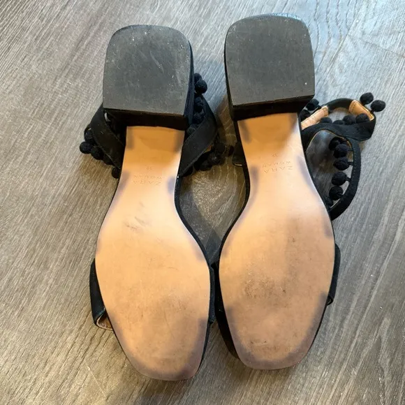Zara Black Block Heel Sandals with Fringe Ankle Strap Size 38