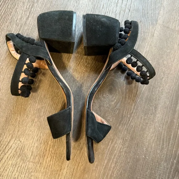 Zara Black Block Heel Sandals with Fringe Ankle Strap Size 38