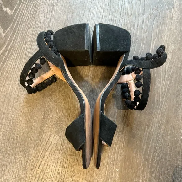 Zara Black Block Heel Sandals with Fringe Ankle Strap Size 38