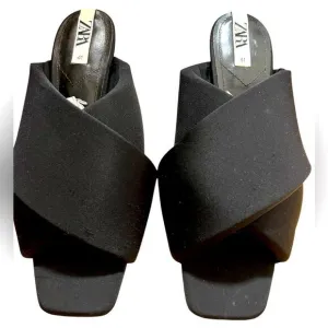 Zara Cross-strap Squared Toe Padded Black Kitten Heel Slides Size 41