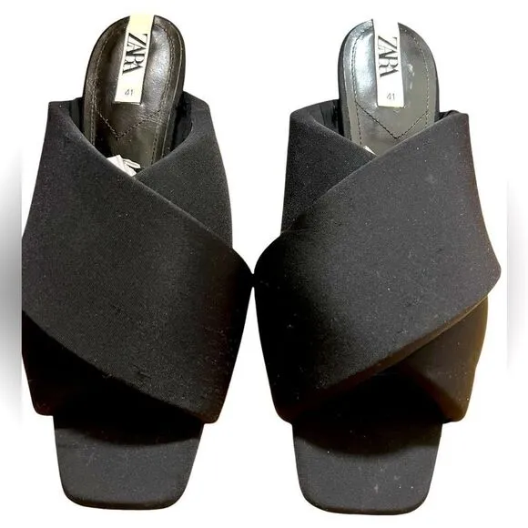 Zara Cross-strap Squared Toe Padded Black Kitten Heel Slides Size 41