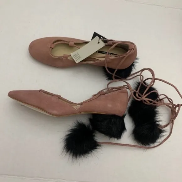 Zara Pink Suede Pom Pom Block Heels