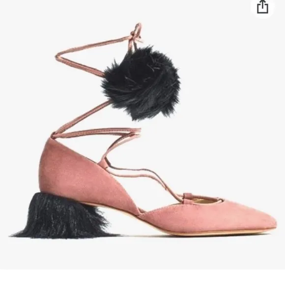 Zara Pink Suede Pom Pom Block Heels