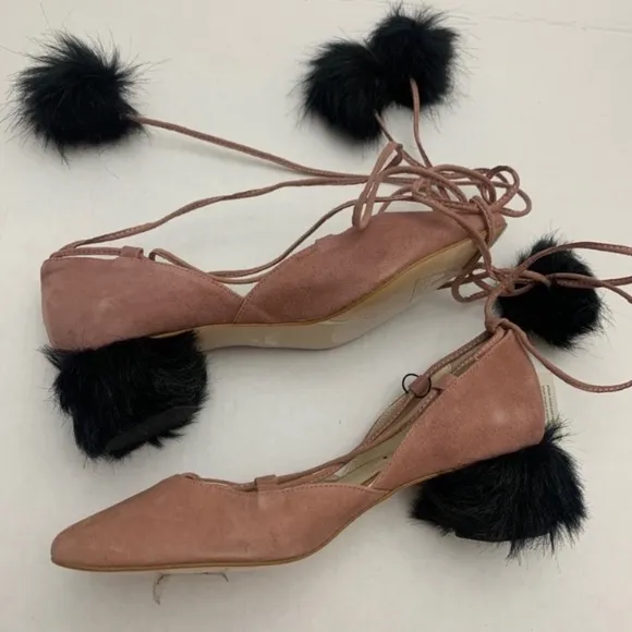 Zara Pink Suede Pom Pom Block Heels