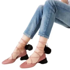Zara Pink Suede Pom Pom Block Heels