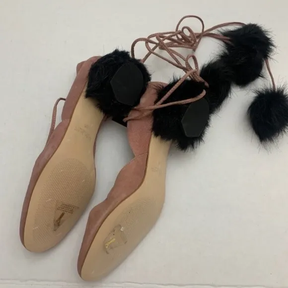 Zara Pink Suede Pom Pom Block Heels