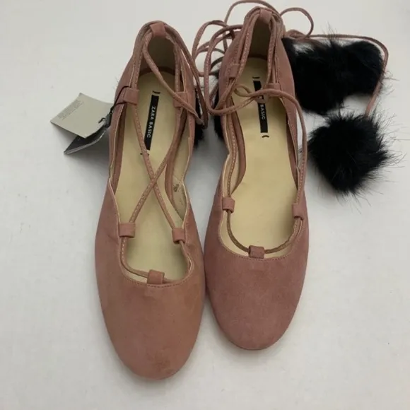 Zara Pink Suede Pom Pom Block Heels