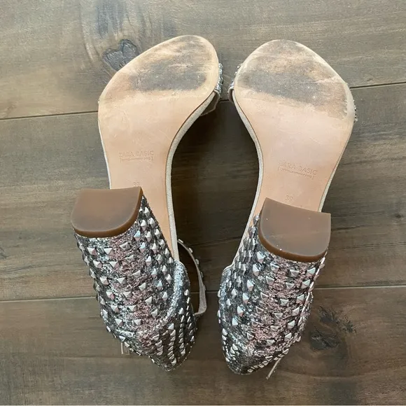 {Zara} Size 39 Studded Block Heels Silver