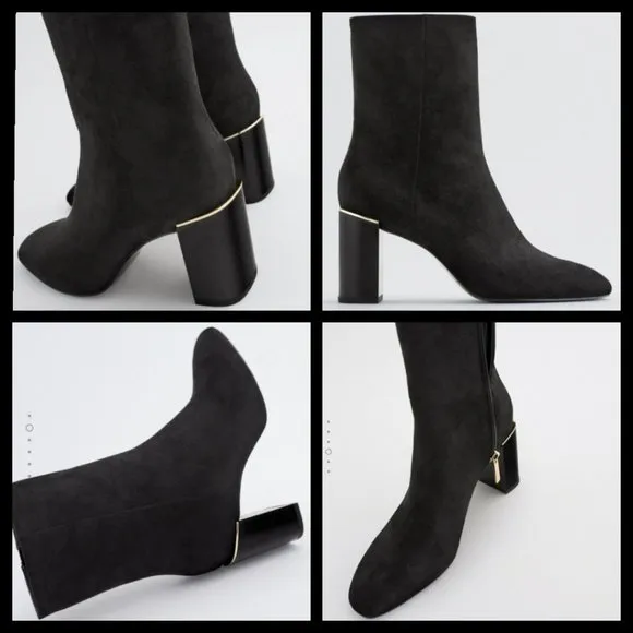 Zara Velvet Booties Gold Trimmed Block Heels