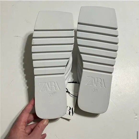 Zara White Leather Quilted Slides Shoes Size 8 US