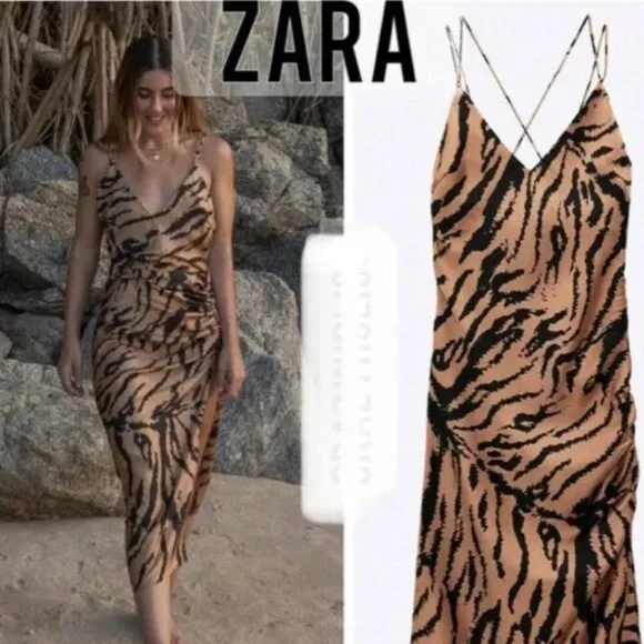 Zara Woman Printed Tiger Satin Like Midi Dress Size Small