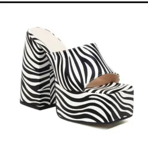 Zebra Square Toe High Block Heels slipOn