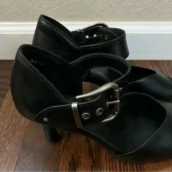 Ziera Black Soft Leather Buckle Open Toe Heels Pumps Women’s Size EU 39 US 8.5