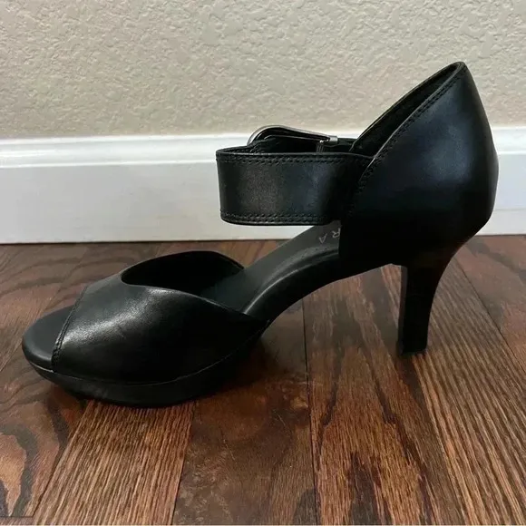 Ziera Black Soft Leather Buckle Open Toe Heels Pumps Women’s Size EU 39 US 8.5