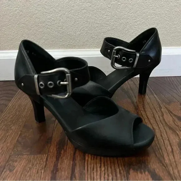 Ziera Black Soft Leather Buckle Open Toe Heels Pumps Women’s Size EU 39 US 8.5