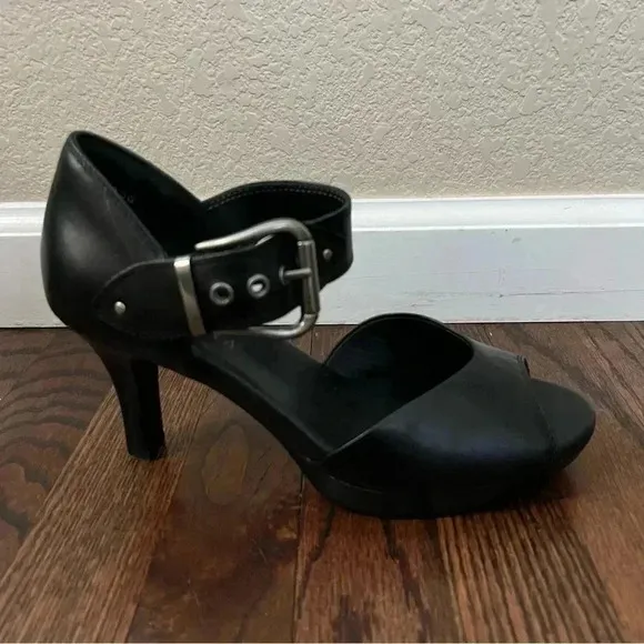 Ziera Black Soft Leather Buckle Open Toe Heels Pumps Women’s Size EU 39 US 8.5