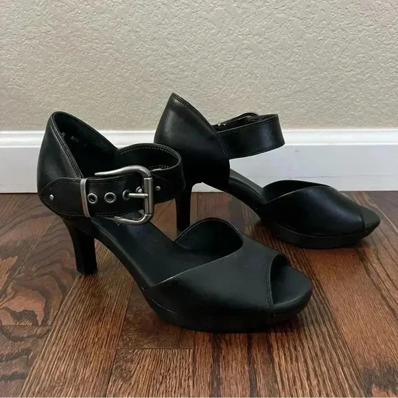 Ziera Black Soft Leather Buckle Open Toe Heels Pumps Women’s Size EU 39 US 8.5